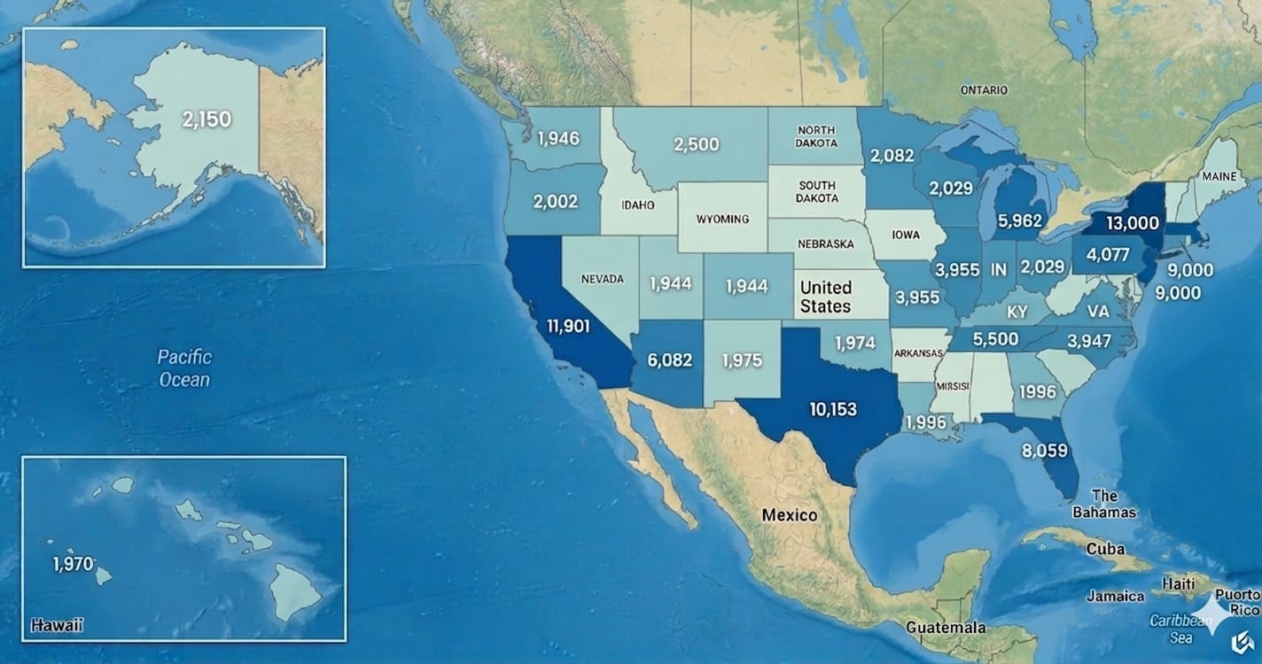 US map colored by job density with counts per state — 100,000 jobs across the country
