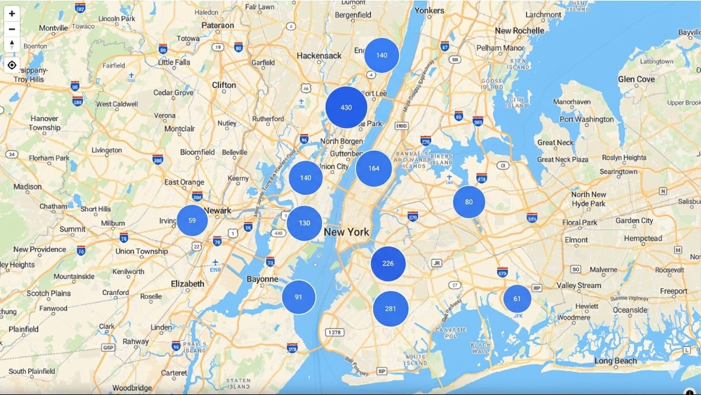 Job clusters in New York City showing 430, 338, 281 jobs per area