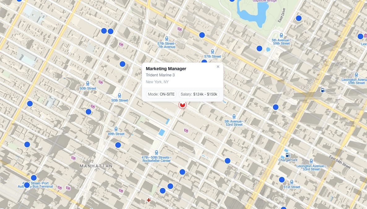 Individual job pins on Manhattan streets with a job detail card showing Marketing Manager role